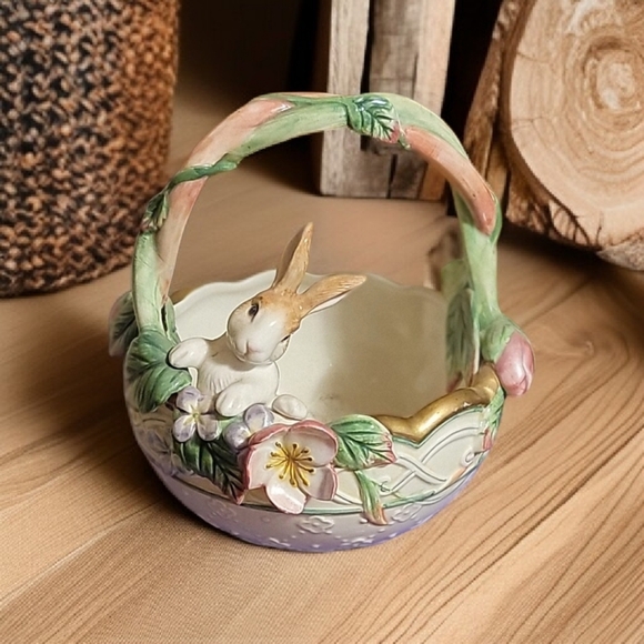 Fitz And Floyd “Garden Rhapsody” Bunny Ceramic Basket Easter Spring Cute Flowers